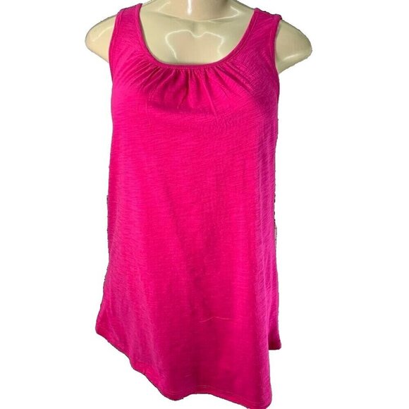 Cupio Blush L Pink Zinnia L Shirred Scoop Neck Curved Hem Cotton Blend Tank Top - Picture 2 of 6